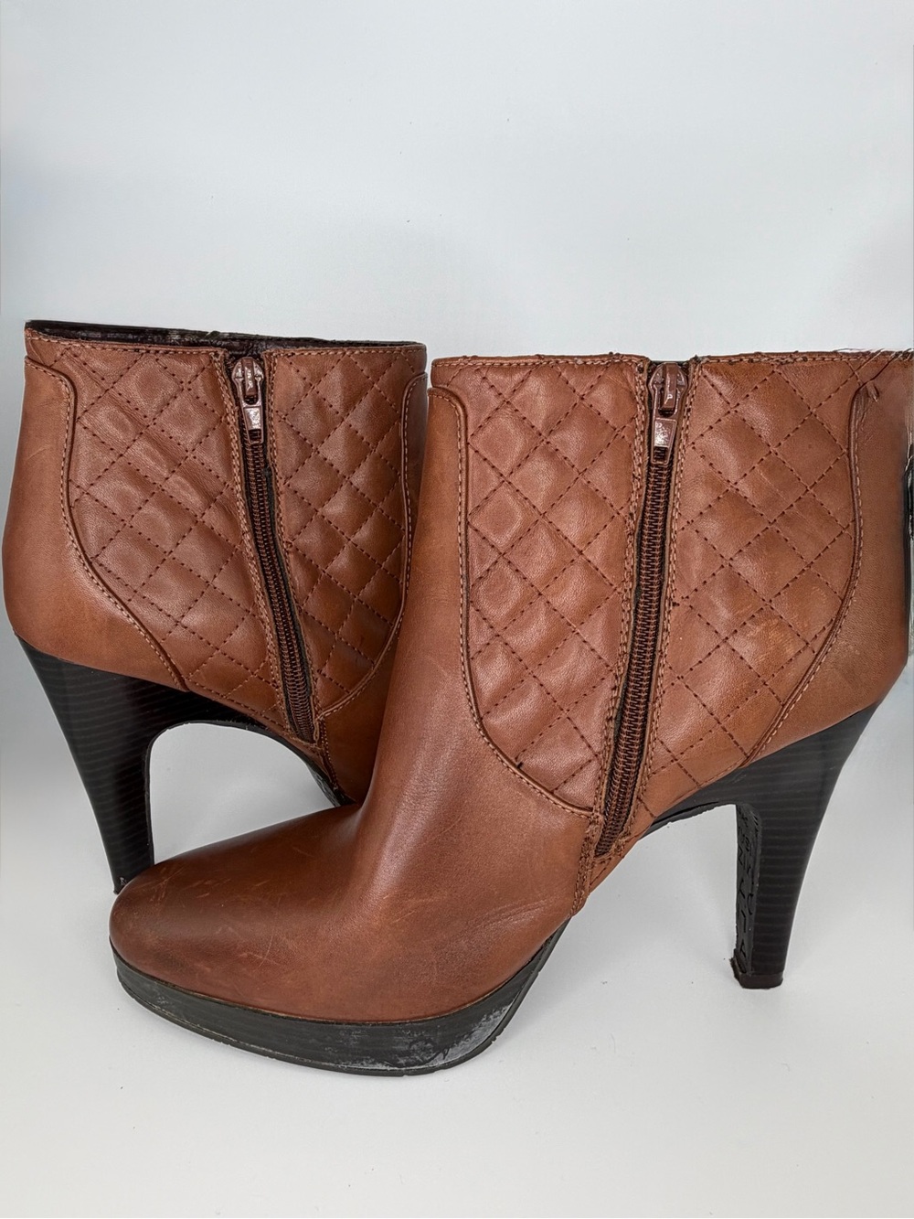 Isaac Mizrahi Quilted Leather Chestnut Brown Side-Zip High Heel Ankle Boots